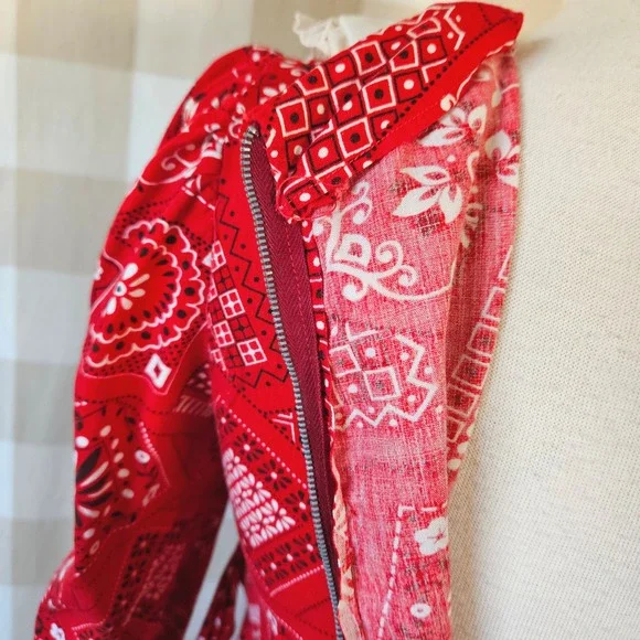 Vintage 70s Handmade Red Bandana Print Maxi Dress Puff Sleeve Peter Pan Collar S - Picture 7 of 7
